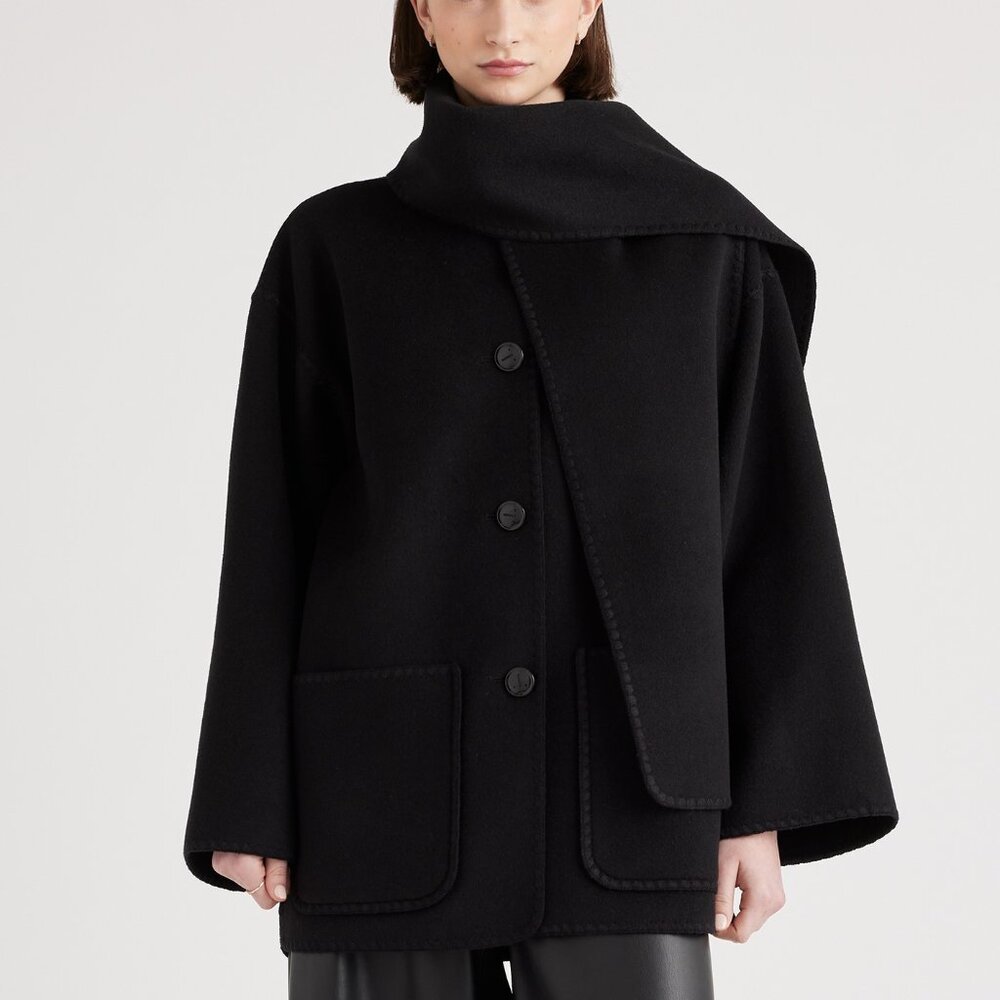 NWT Quince Double-Faced Merino Wool Scarf Coat in Black Size Small